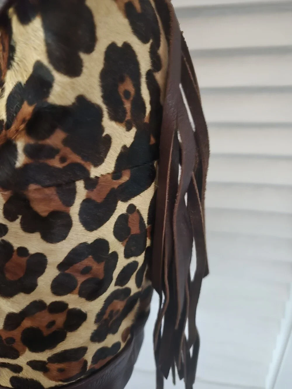 B Makowsky Leopard Calf Hair Leather Hobo Shoulder Bag Fringe Western Boho